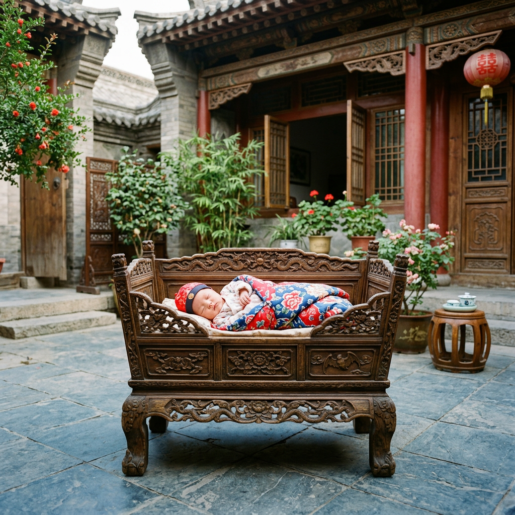 Sleeping baby in a floral quilt inside an ornate wooden cradle