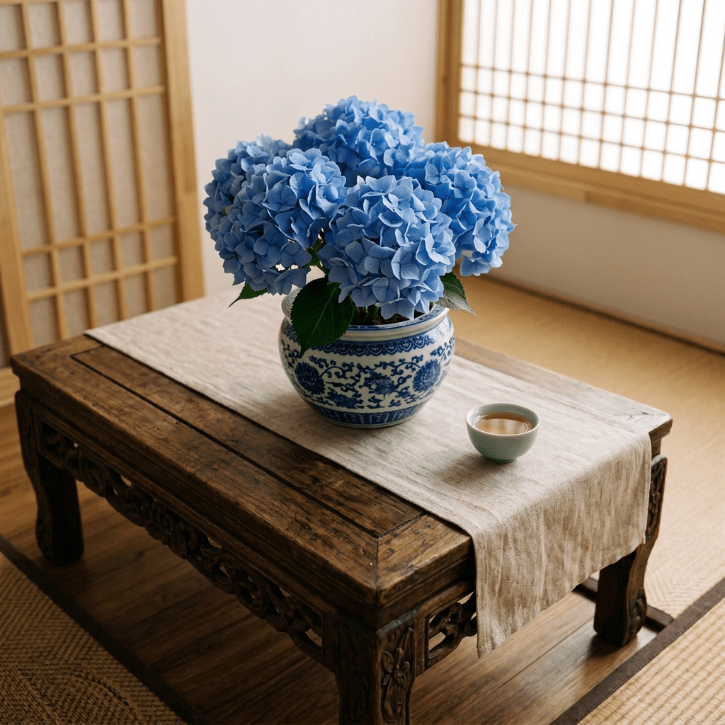 Woman seated beside a tea table with pastries, teapot, and three cups