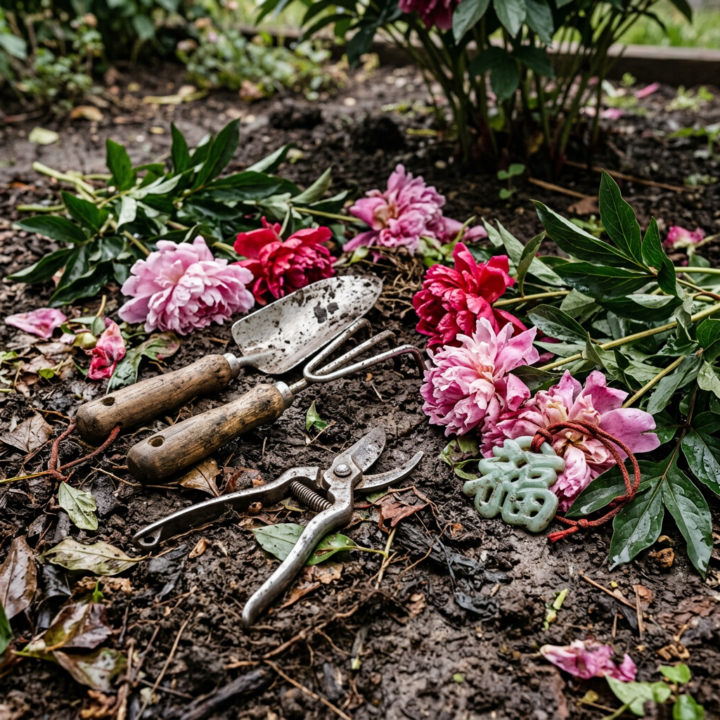 Hand gardening tools surrounded by cut pink flowers on dark soil