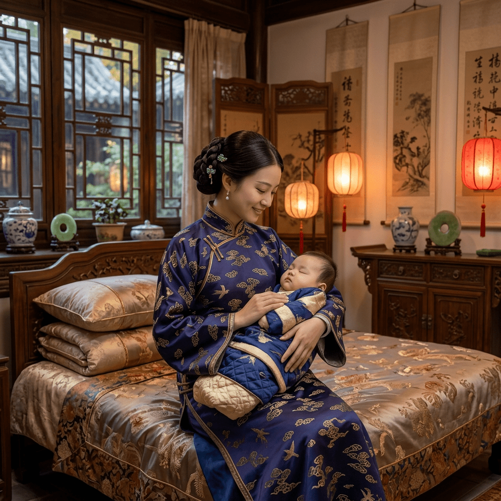 Woman in traditional dress holding a sleeping baby in a Chinese courtyard