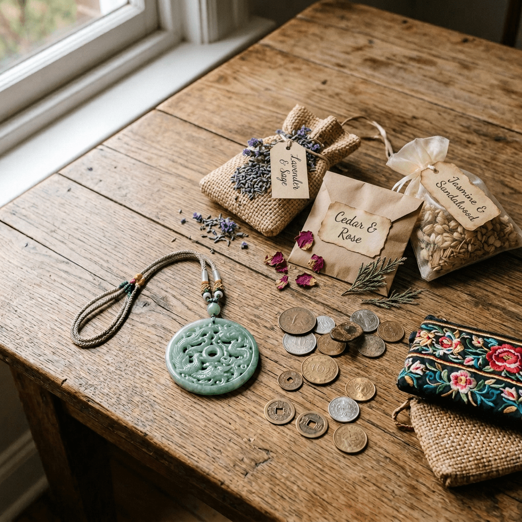 Wrapped gifts labeled “Best Wishes” and “To Mom,” jade pendant, purse, embroidered pouch, and coins