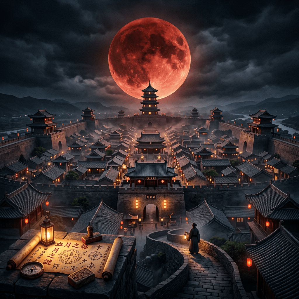 Lantern-lit ancient Chinese city beneath a red blood moon; scroll reads 血月之謎