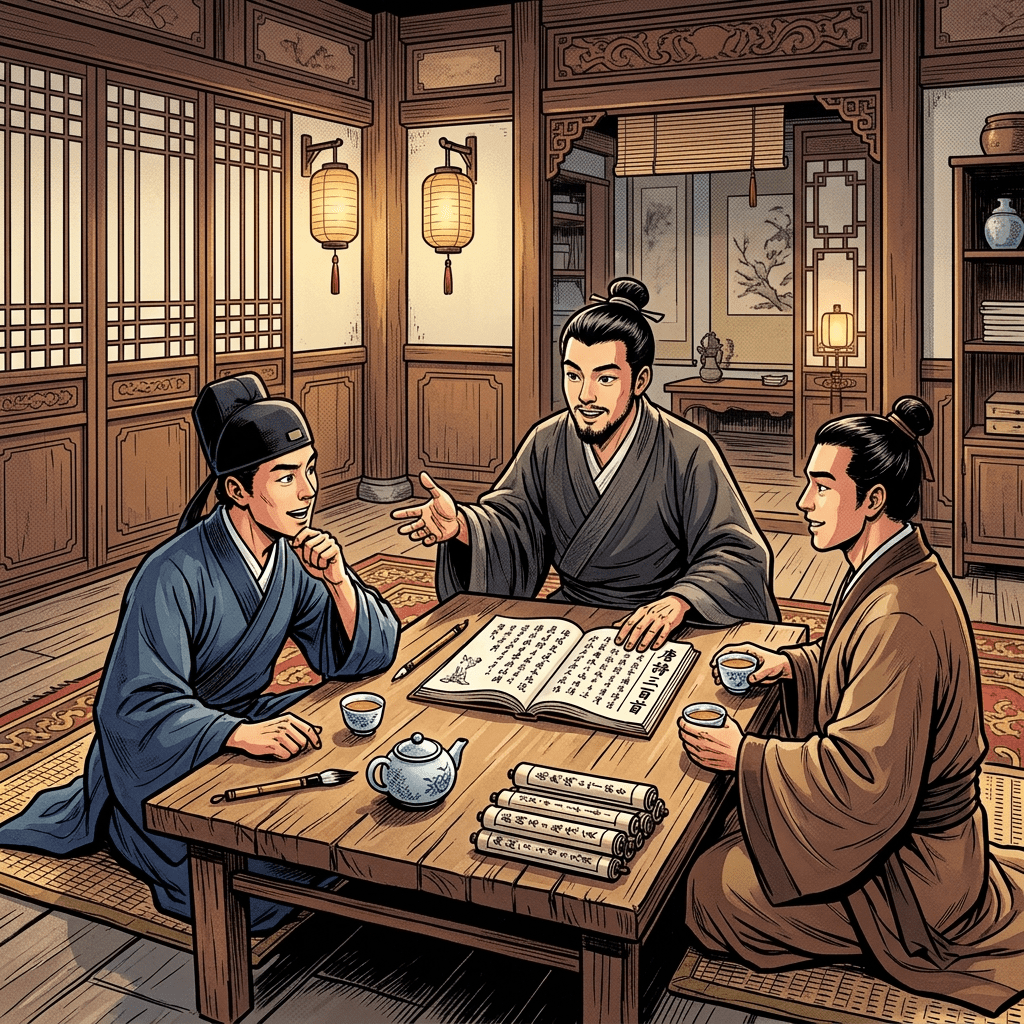 Comic panel labeled “TEA POUR” showing three scholars discussing tea, harmony, the soul, and ritual beside a river; speech bubbles read “But surely the harmony of the universe connects all, Master Wang!”, “The scripture clearly states, Li Bai, that the soul is distinct!”, and “True, but the rituals must be strictly followed according to the text...”