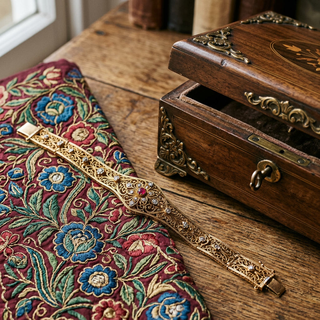 Ornate gold bracelet beside an open wooden jewelry box and floral textile