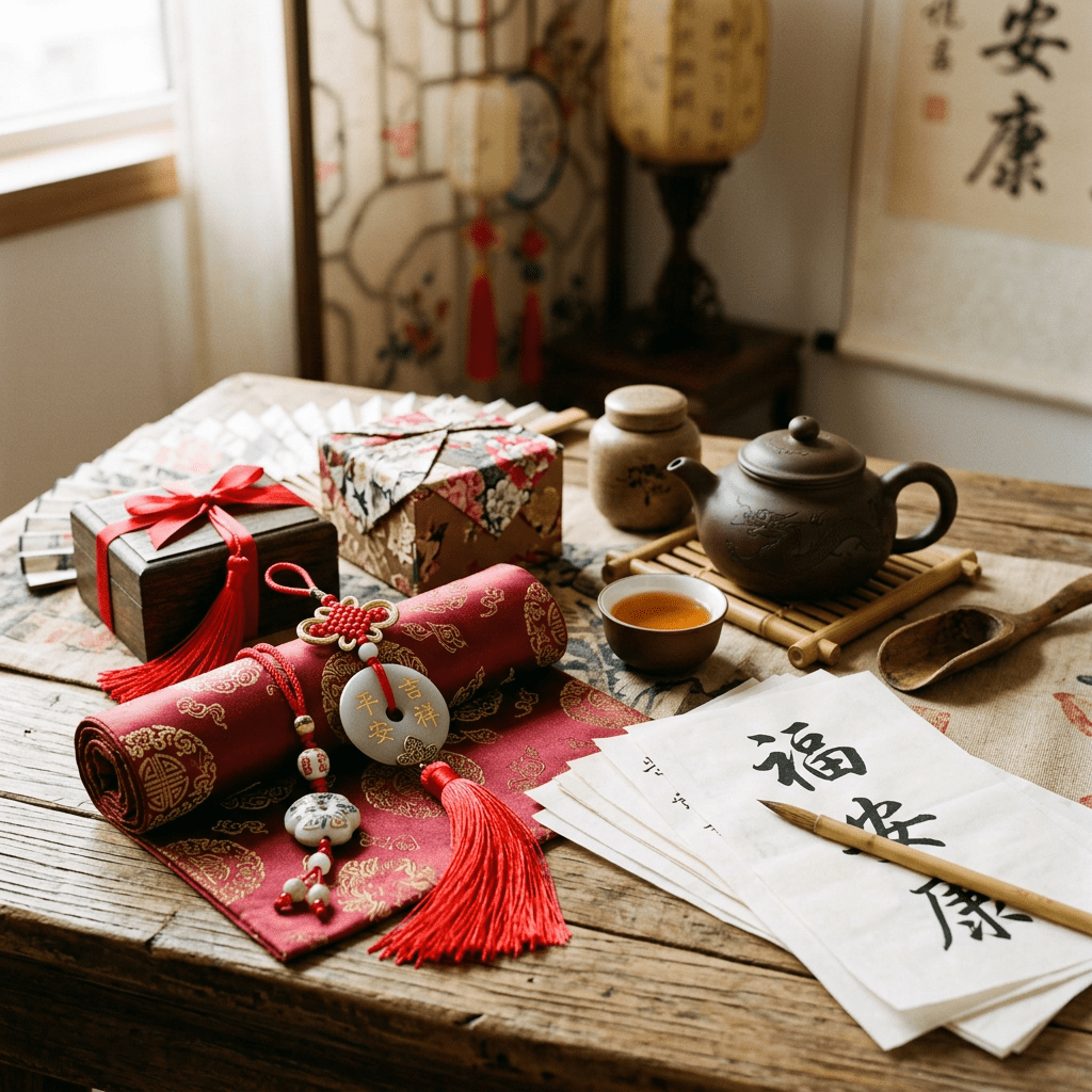 Chinese New Year decorations, tea set, gifts, and calligraphy
