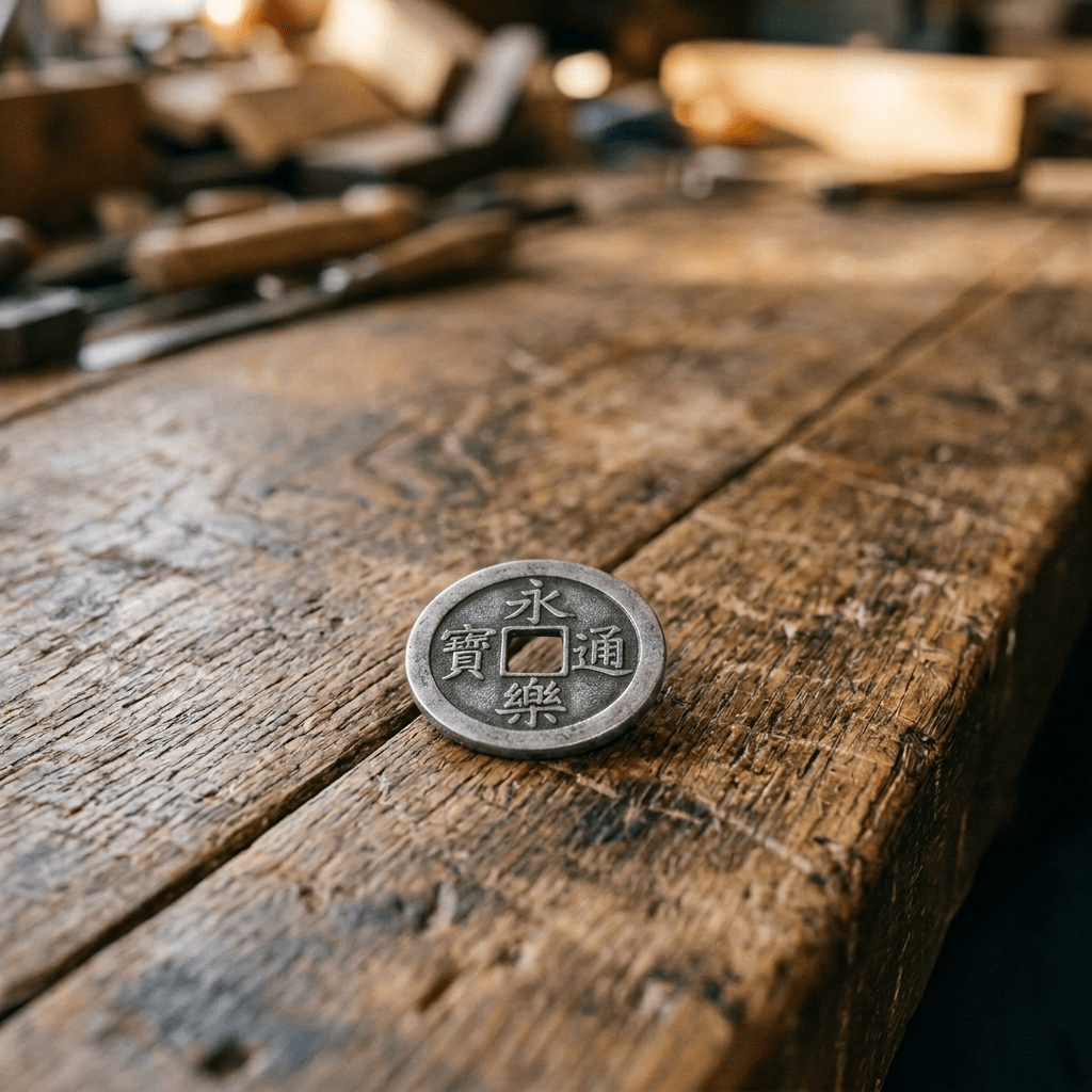 Weathered hand holding a historic British coin on a wooden workbench