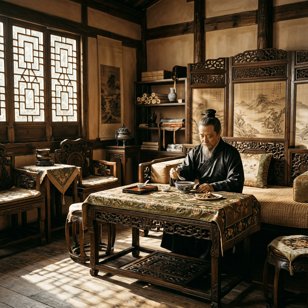 Man drinking tea in a traditional Chinese room with carved furniture