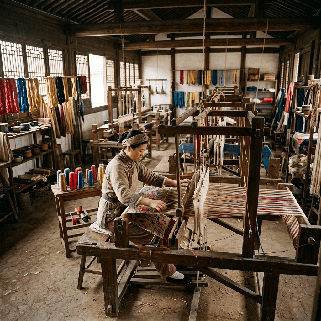 Artisans weaving colorful textiles on wooden handlooms in a workshop