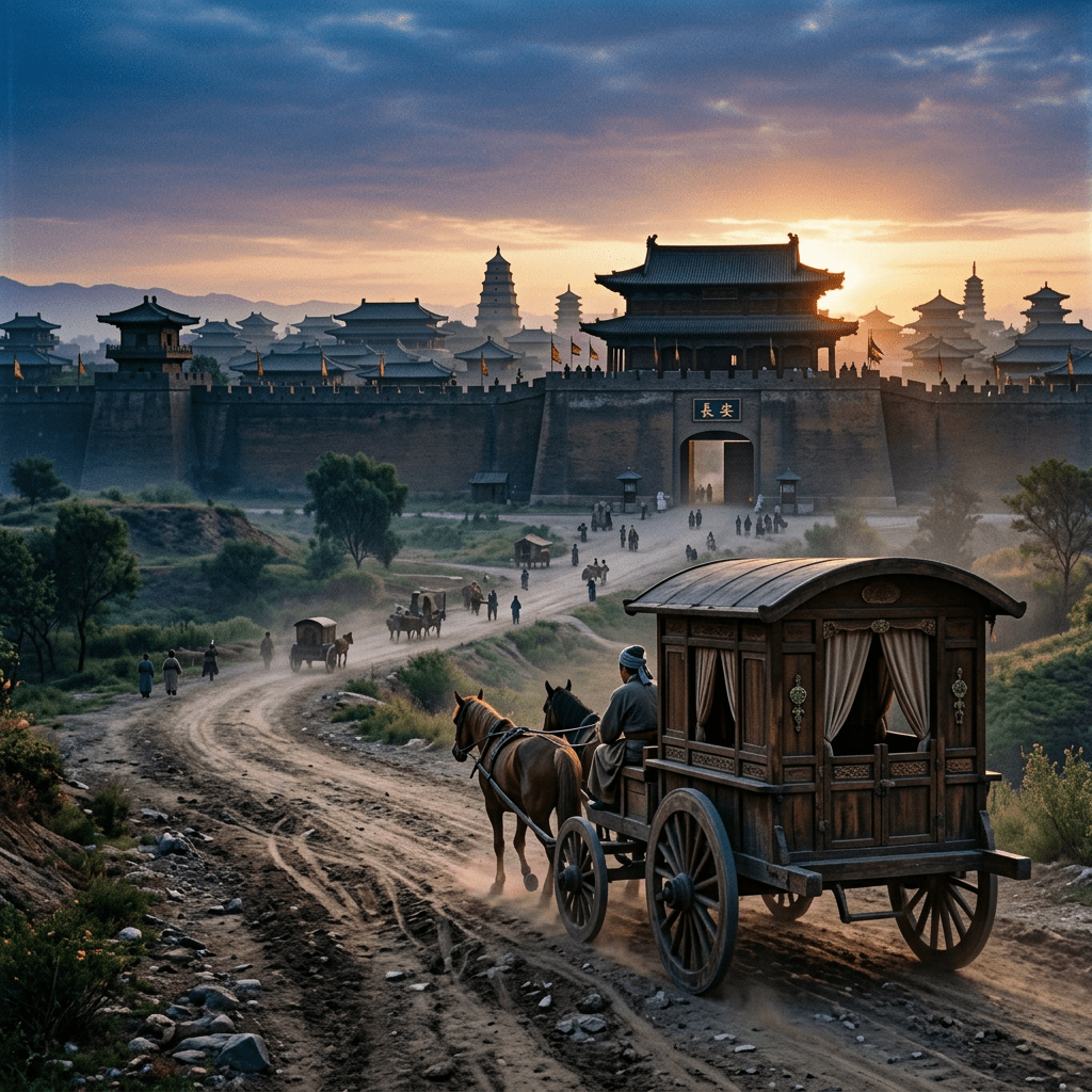Horse-drawn carriage approaching a fortified ancient Chinese city at sunset