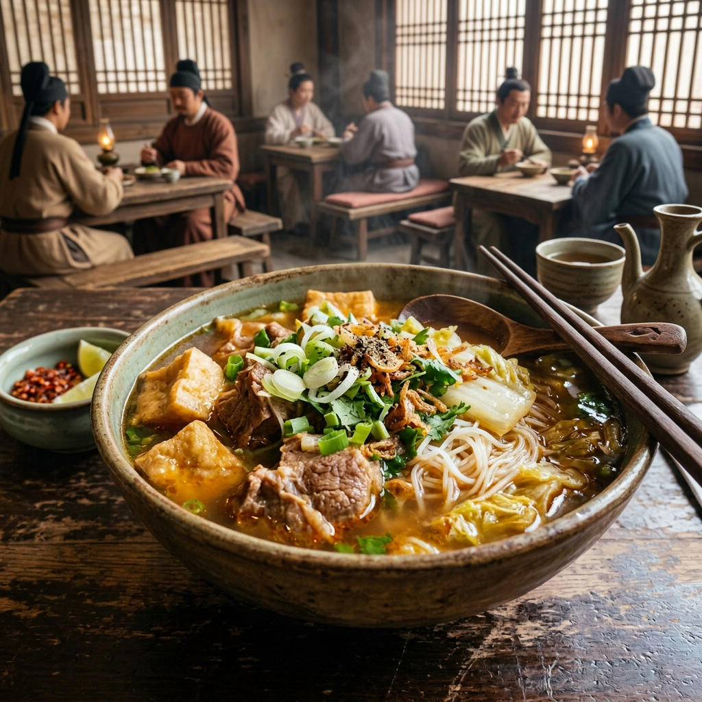 Bowl of beef noodle soup topped with herbs and crispy onions