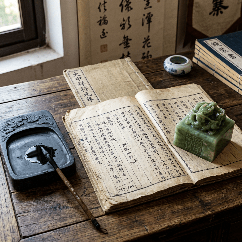 Open Chinese books with inkstone, brush, and jade seal on wooden desk