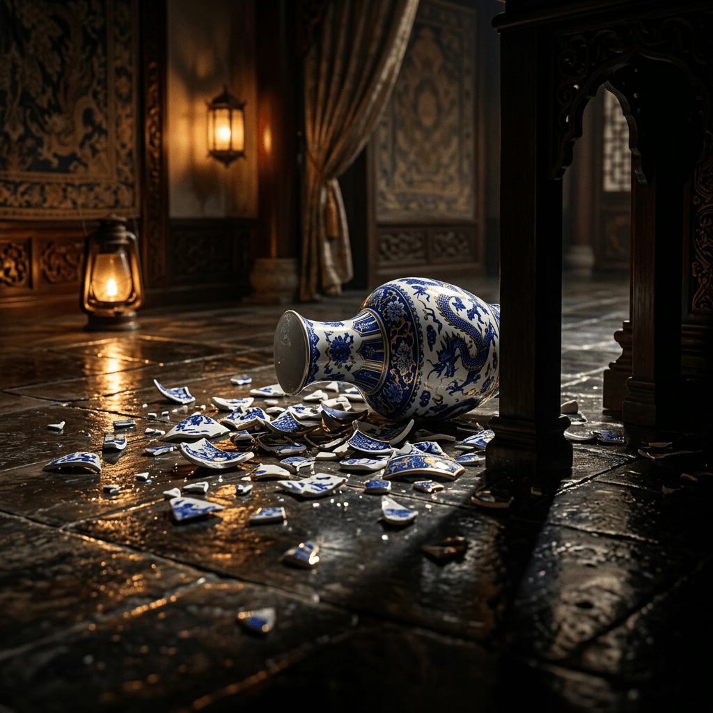 Shattered blue-and-white porcelain vase surrounded by fragments on tiled floor