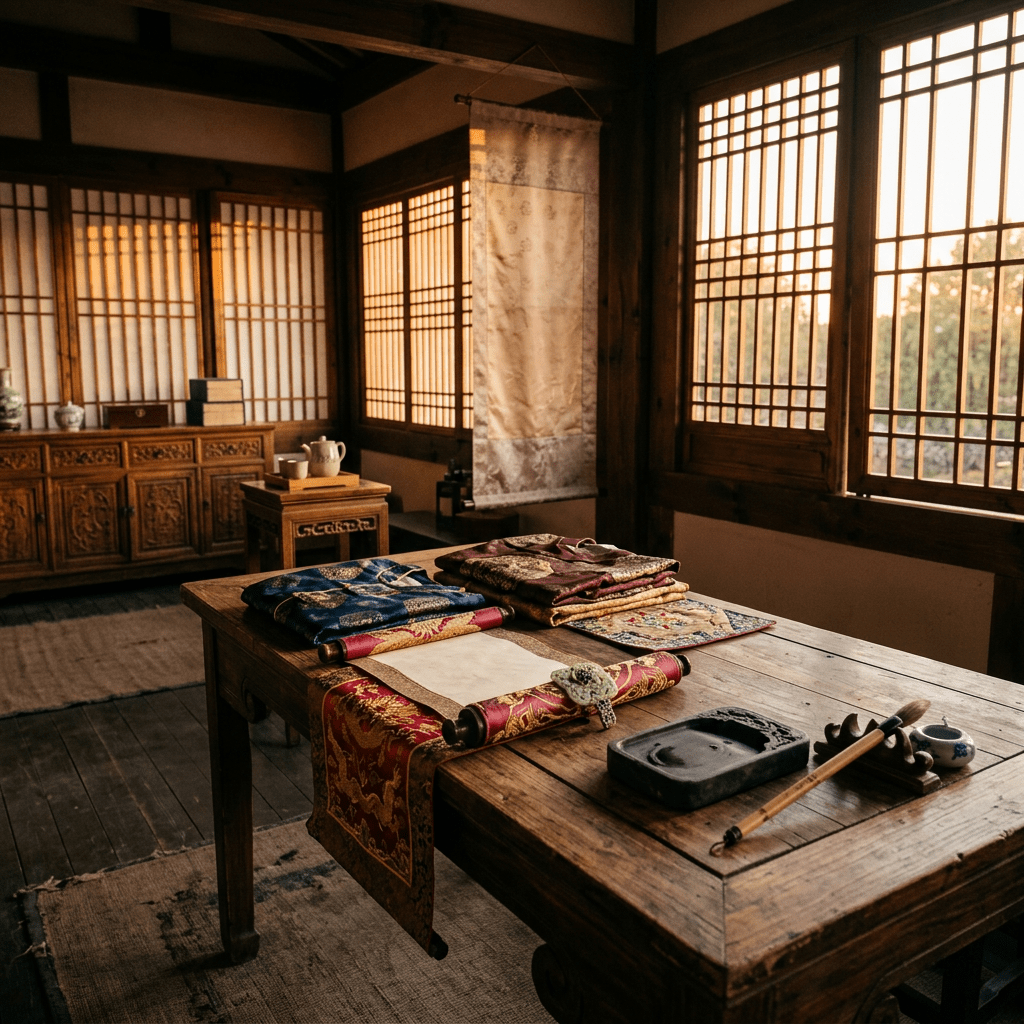 Folded patterned textiles and calligraphy tools on a wooden table