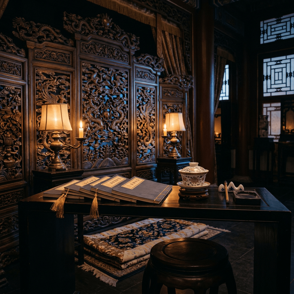 Traditional Chinese study with carved wood panels, books, lamps, and tea set