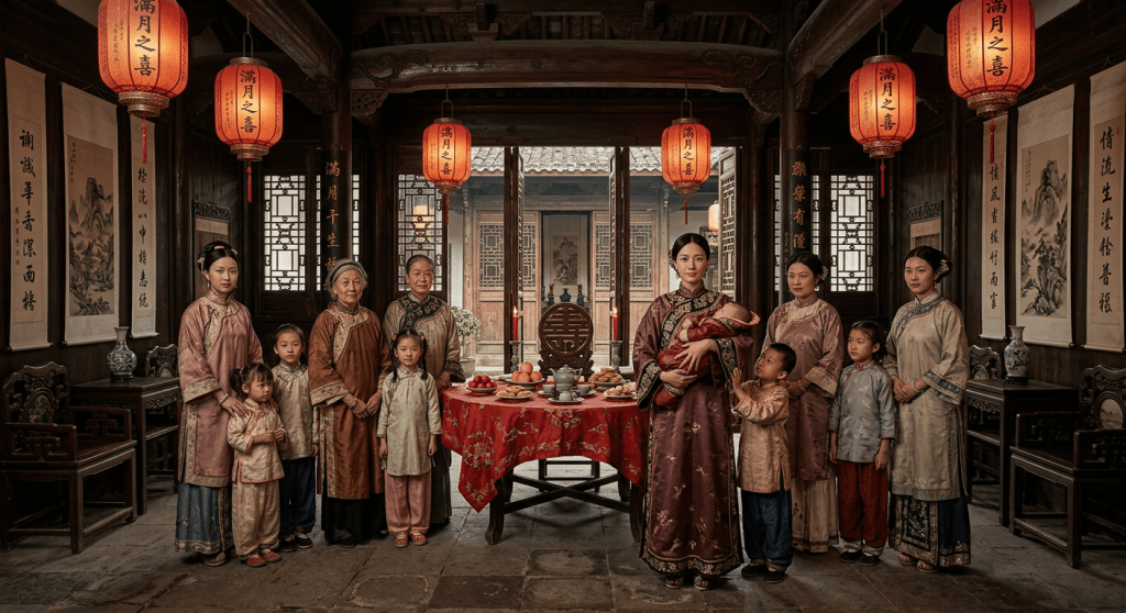 Multigenerational Chinese family celebrating around a festive dining table