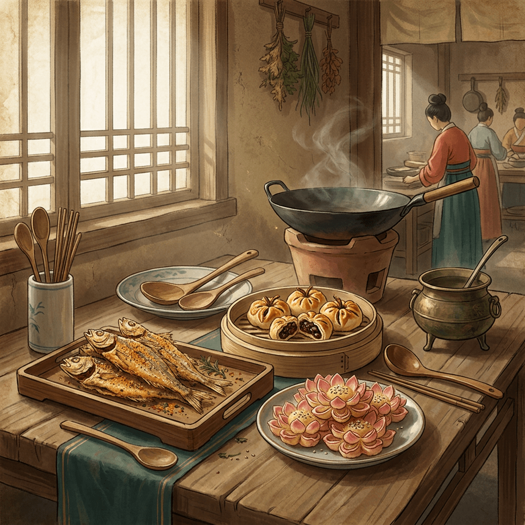 Traditional kitchen table with fish, buns, pastries, and steaming wok