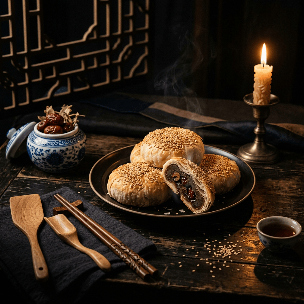 Sesame-topped pastries on a plate beside tea, fruit, utensils, and a candle