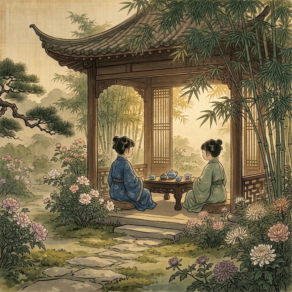 Two people drinking tea in a traditional garden pavilion