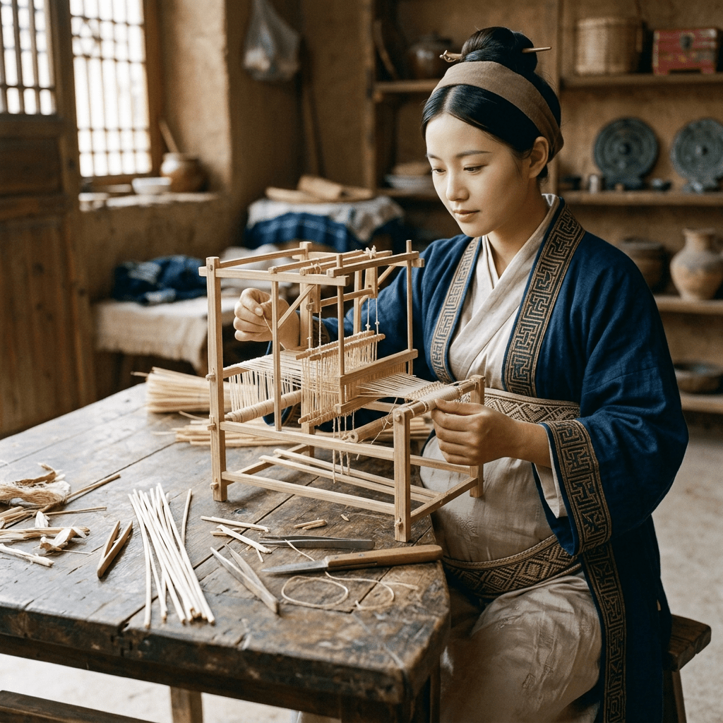 Artisan weaving natural fibers on a small wooden loom