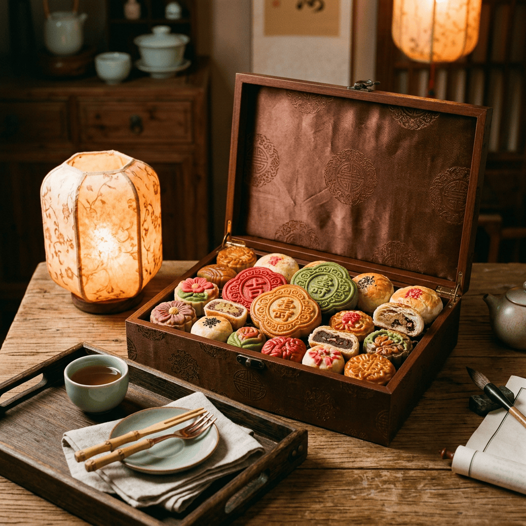 Open wooden box filled with colorful mooncakes beside tea and lanterns
