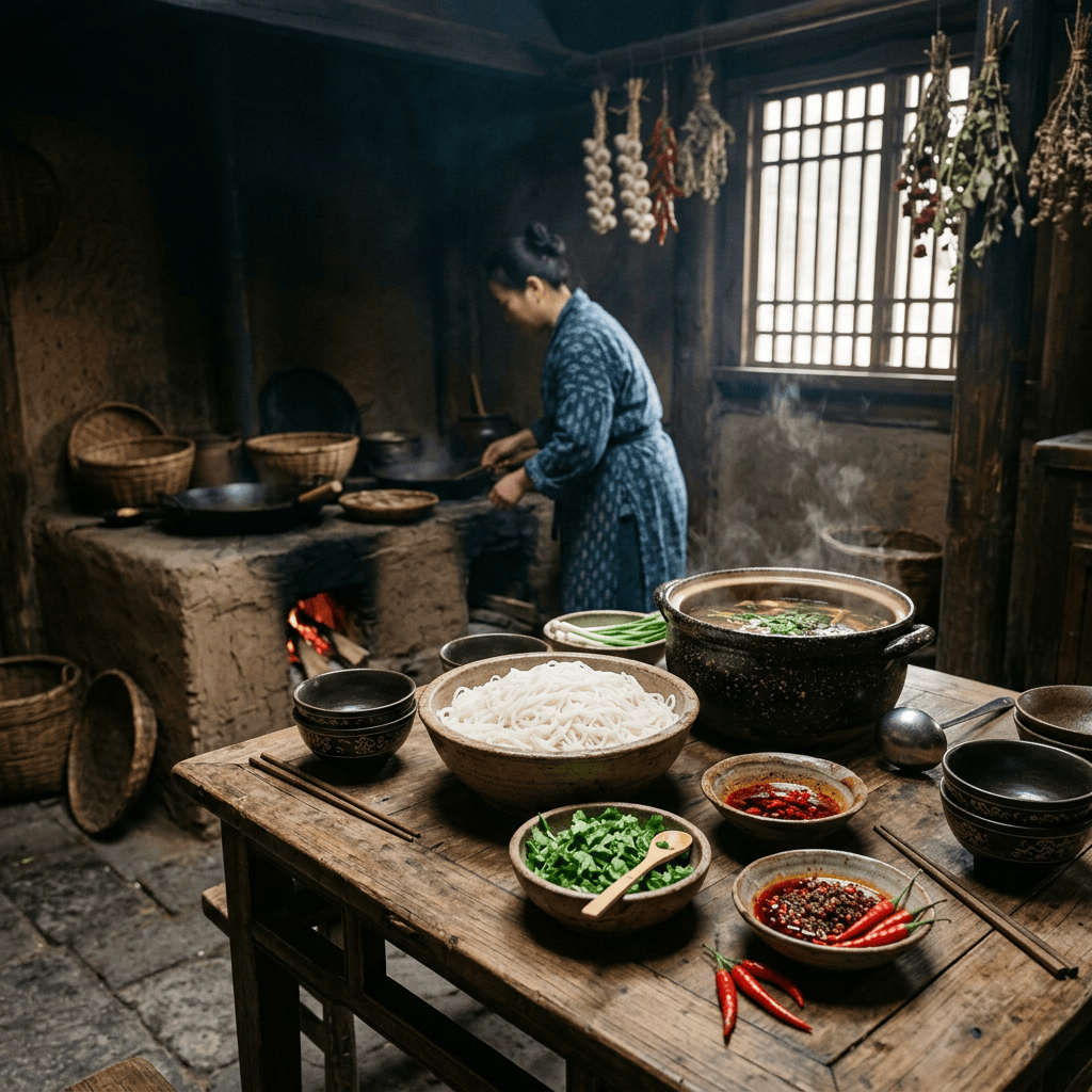 Cook preparing food beside a table of noodles, soup, vegetables, and chilies