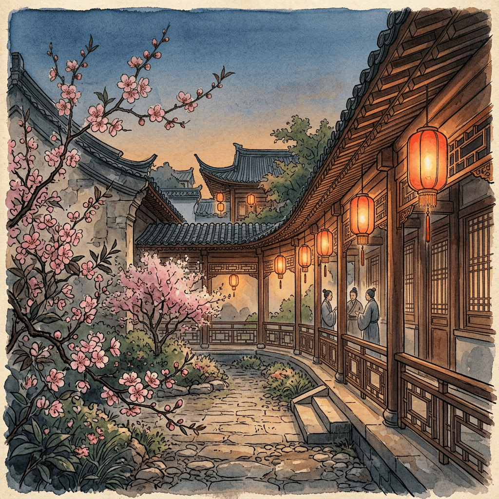 Historical Chinese courtyard at dusk with glowing lanterns