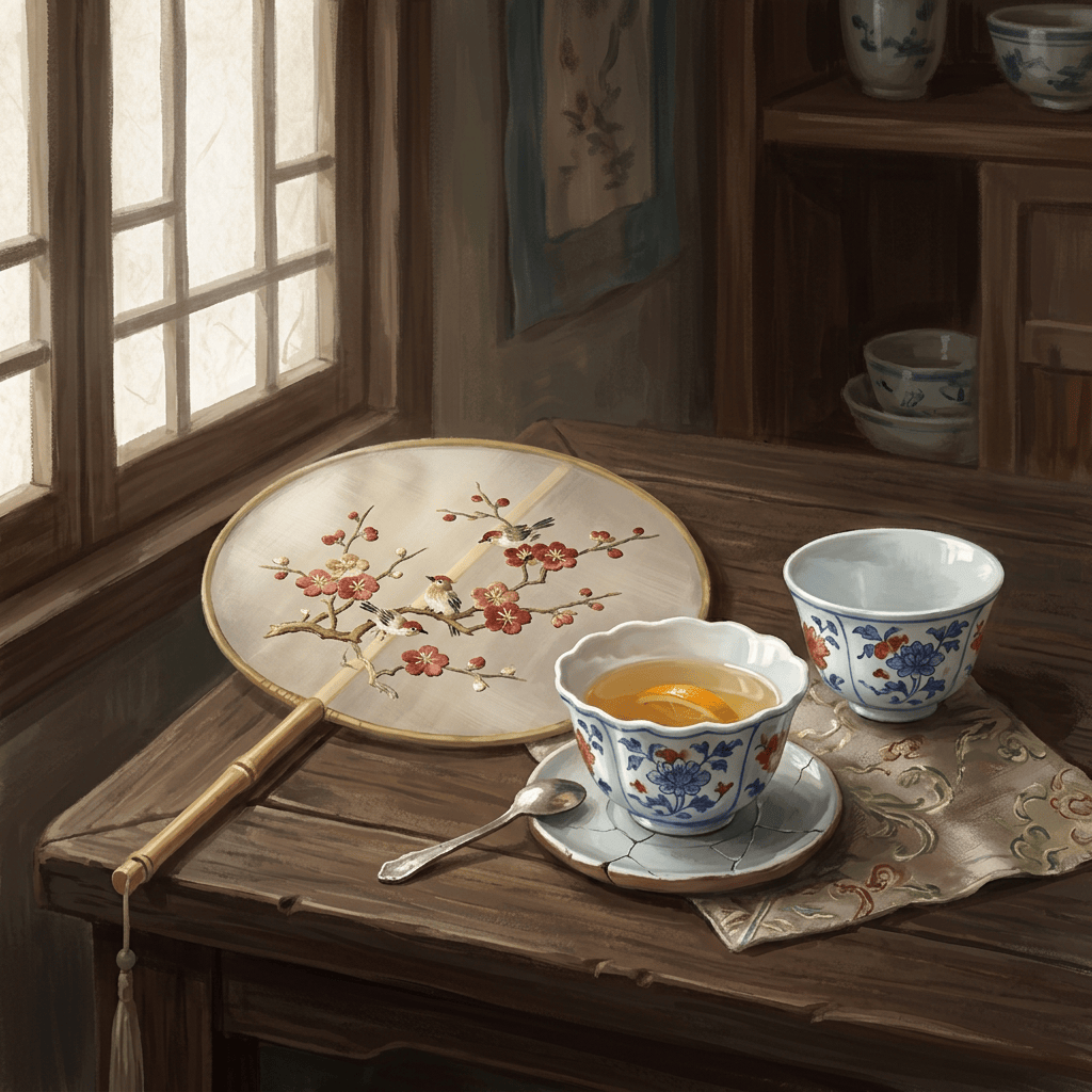 Citrus tea, floral embroidered fan, porcelain cup, spoon, and cloth on wooden table