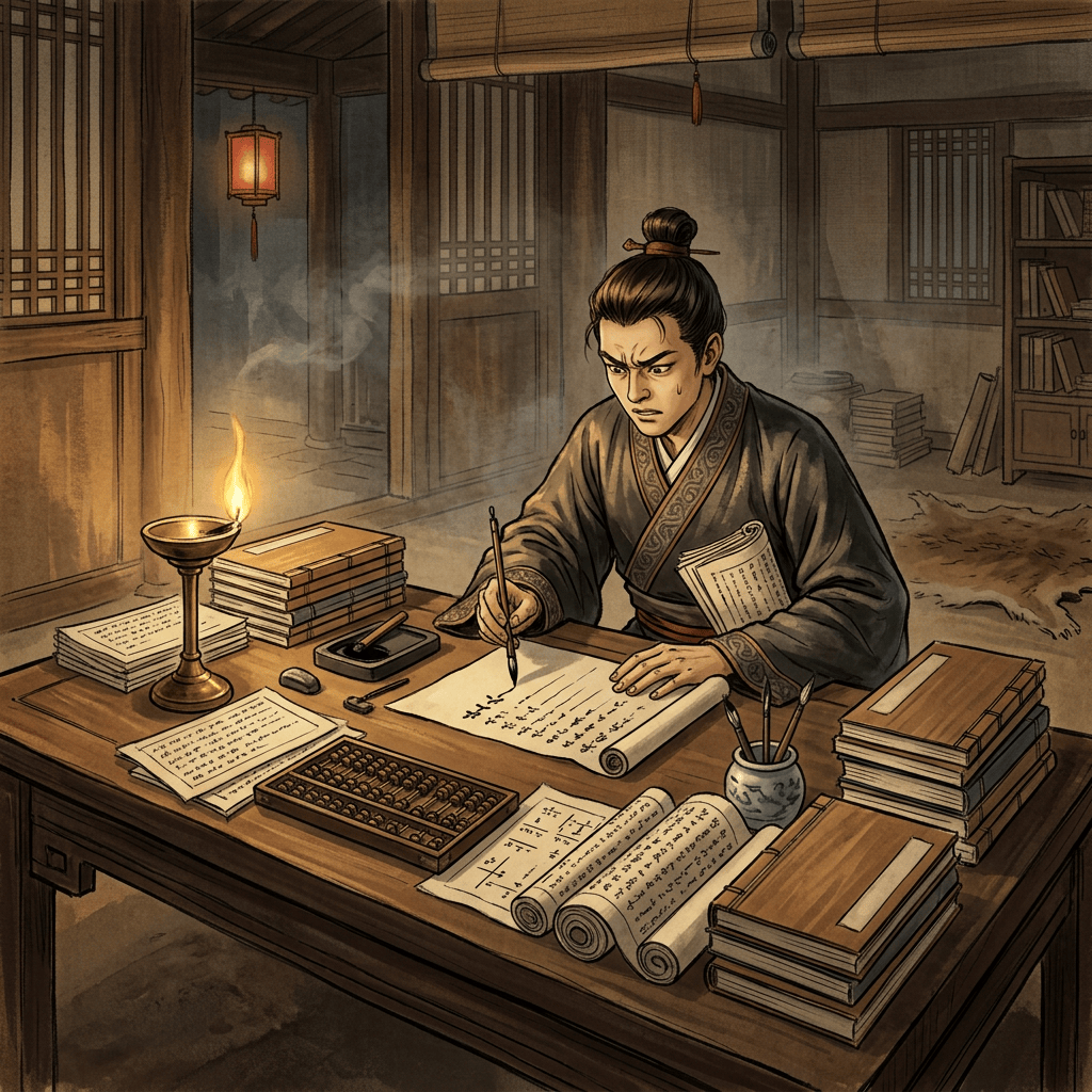 Scholar writing with a brush at a desk surrounded by books and scrolls