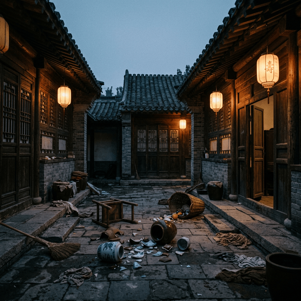 Traditional courtyard with lanterns, overturned furniture, broken pottery, and scattered cloths