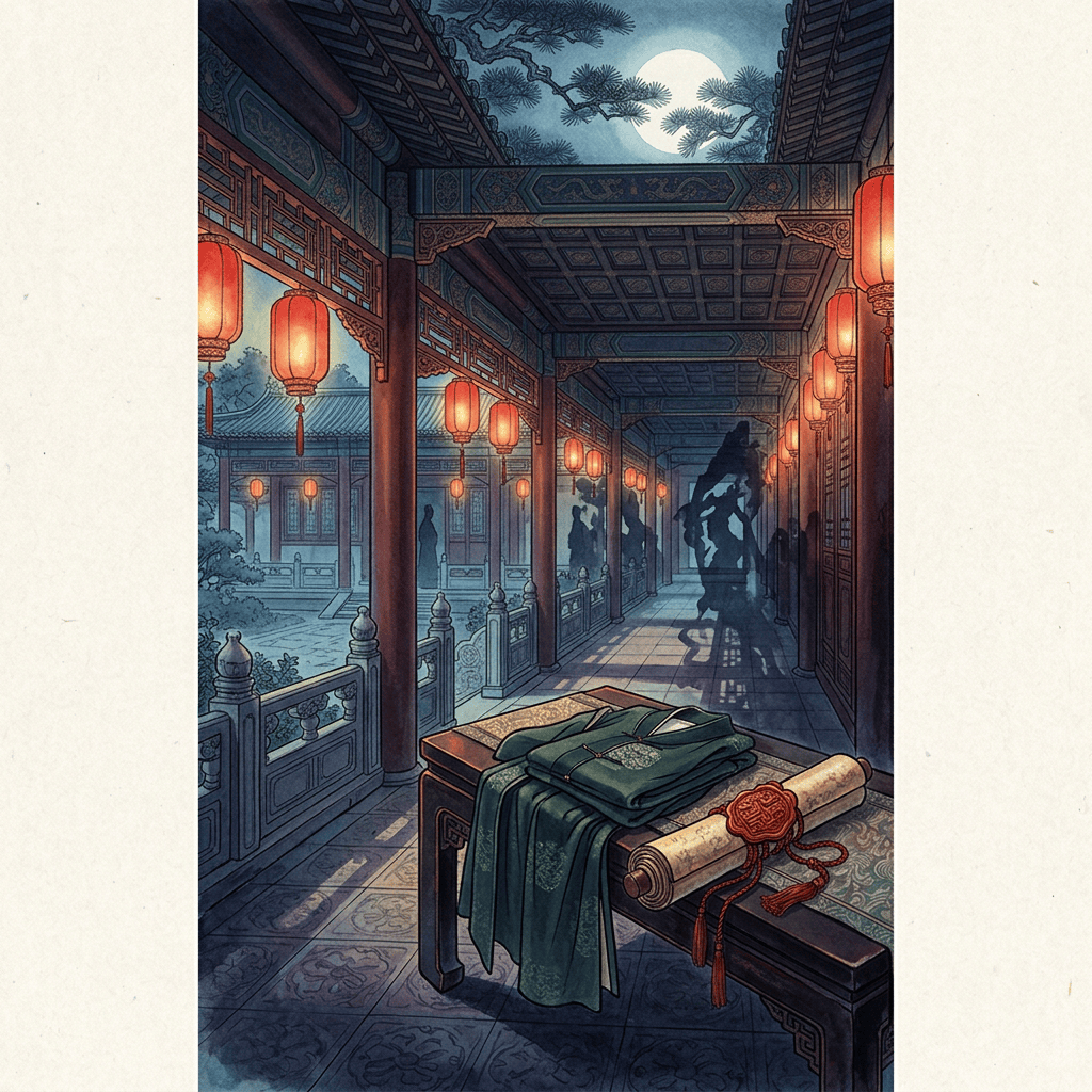 Lantern-lit Chinese courtyard with folded garments and a sealed scroll