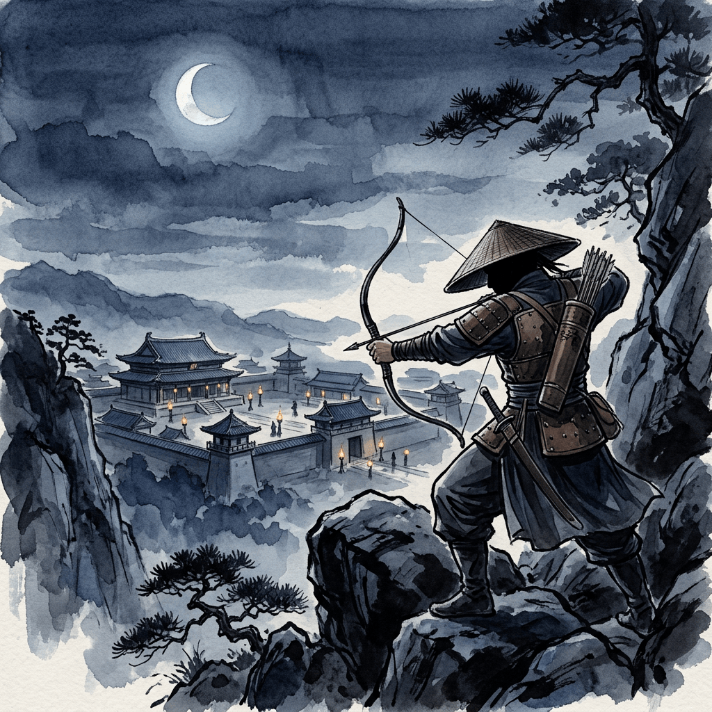Samurai archer overlooking a lantern-lit fortress beneath a crescent moon