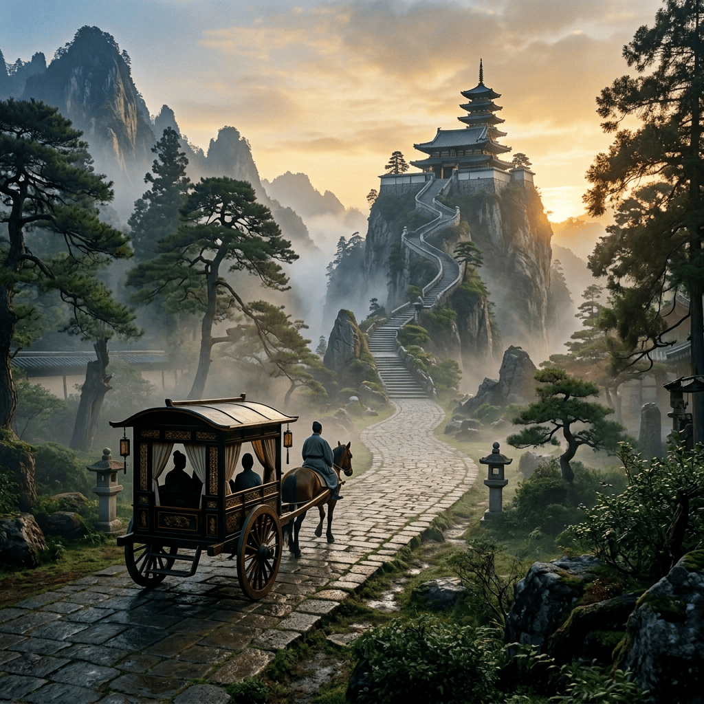 Horse-drawn carriage approaching a Japanese temple through a misty garden
