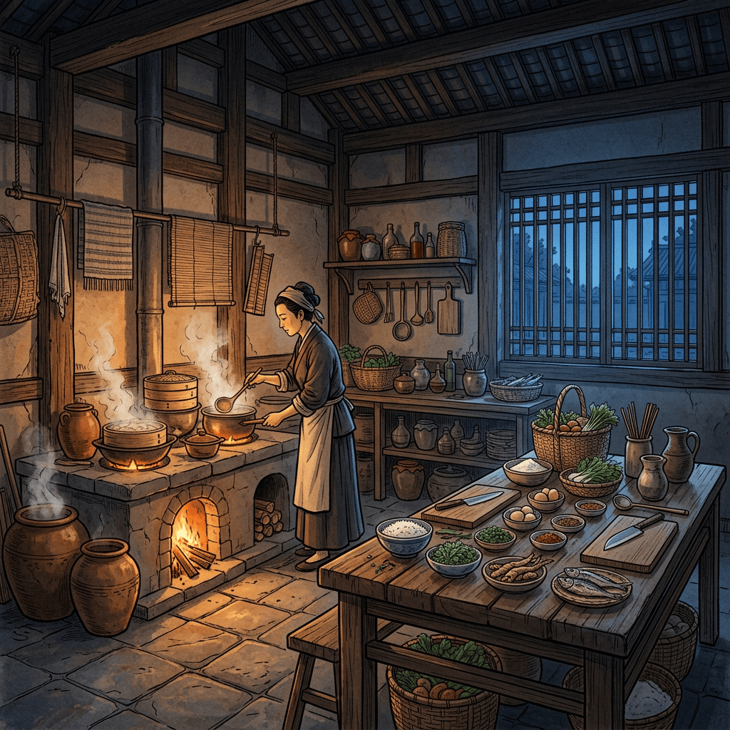 Cook preparing food beside a glowing hearth in a traditional kitchen