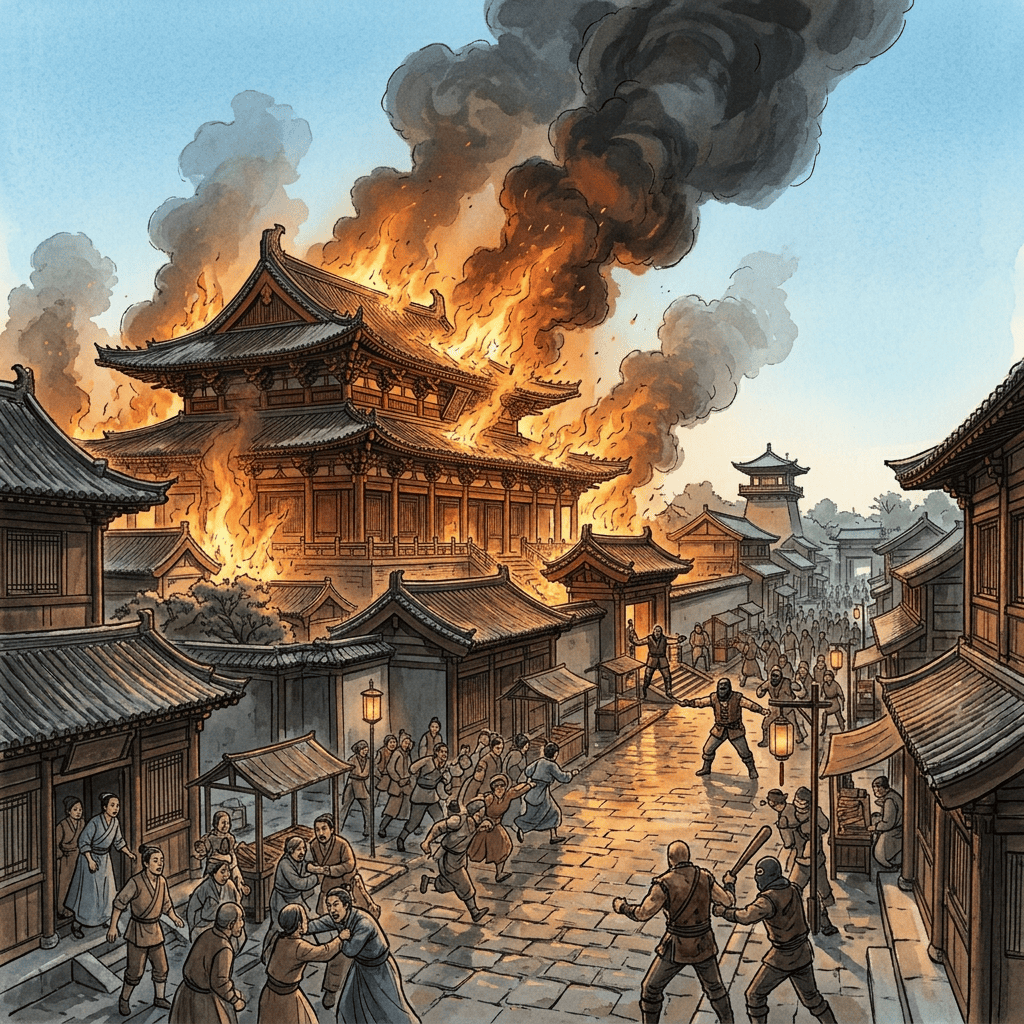 Traditional temple district burning beneath a crescent moon