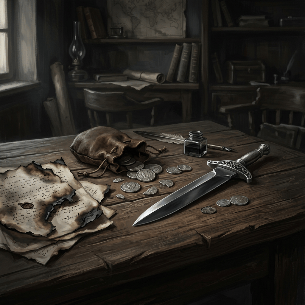 Charred documents, coins, and ceremonial knife