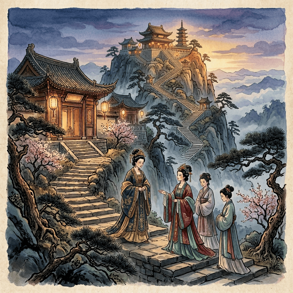 Travelers on stone steps outside a lantern-lit mountain temple