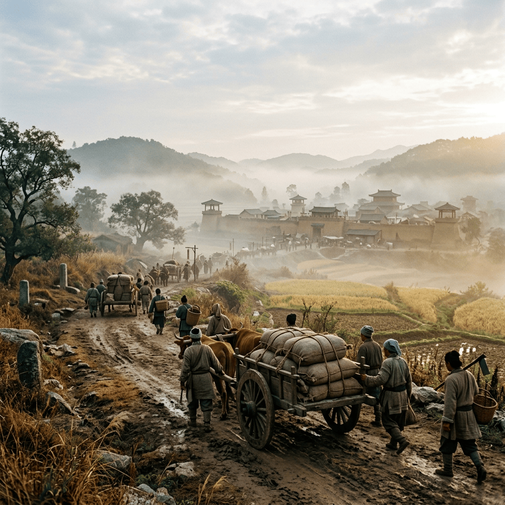 Travelers and pack carts follow a muddy road toward a misty mountain town.