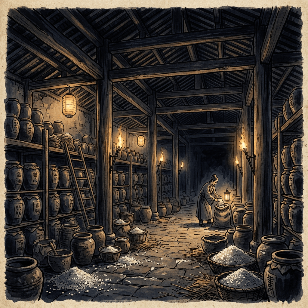 Lantern-lit wooden warehouse filled with rice jars and a worker
