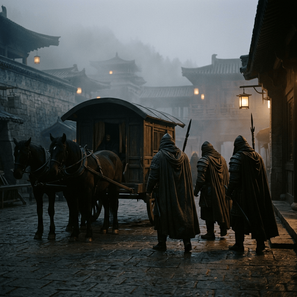 Three cloaked guards escort a horse-drawn carriage through a foggy city street
