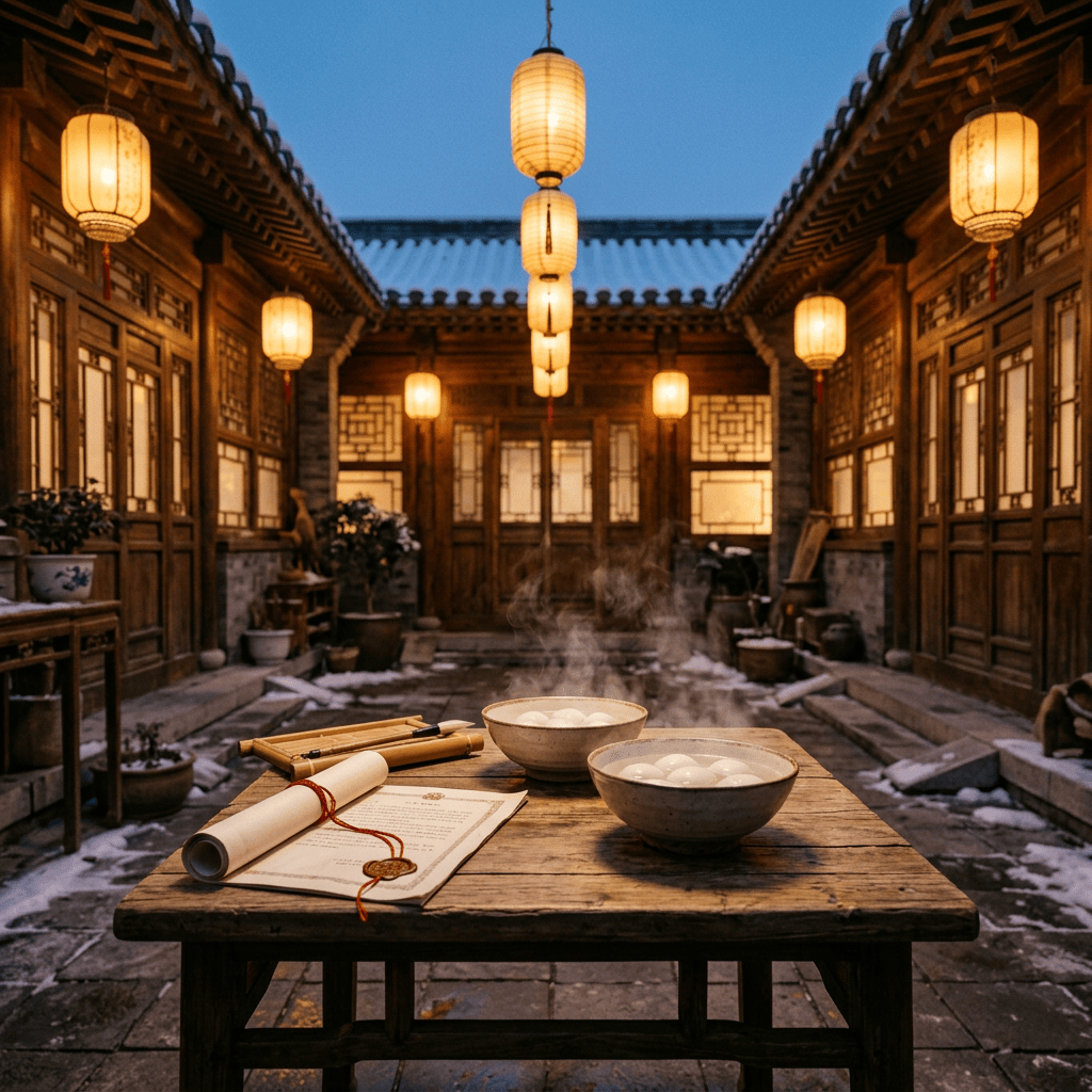 Lantern-lit traditional courtyard with dumplings, scroll, and writing brushes