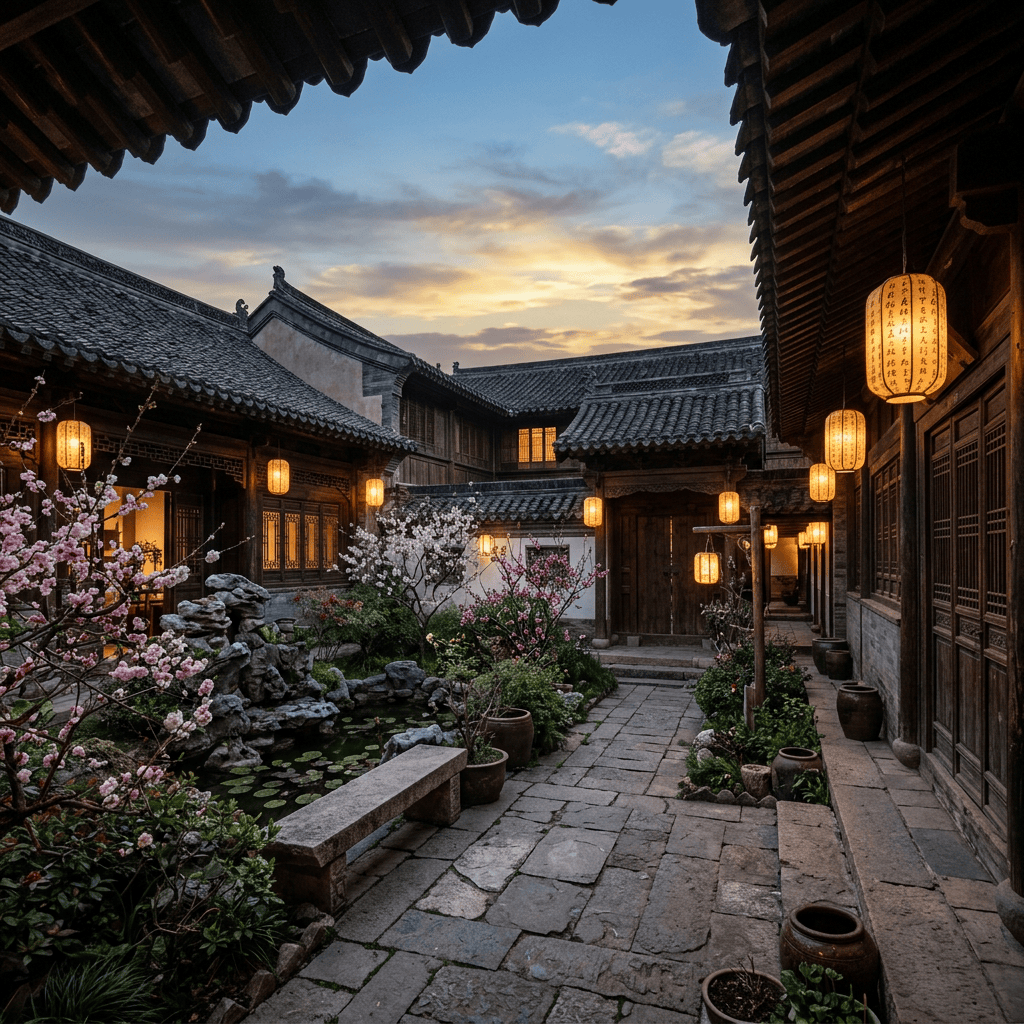 Traditional courtyard with lanterns, flowering trees, pond, and tiled roofs
