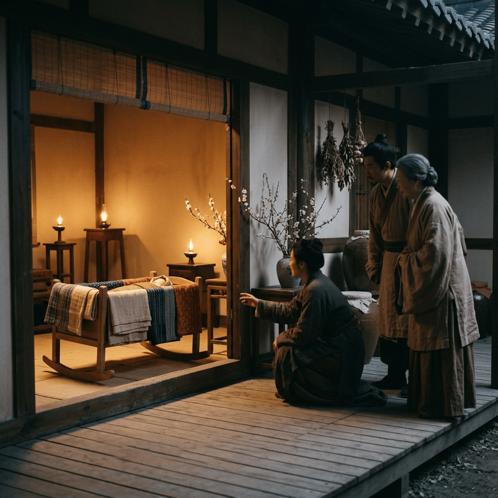 Three people beside a wooden cradle in a traditional Japanese home