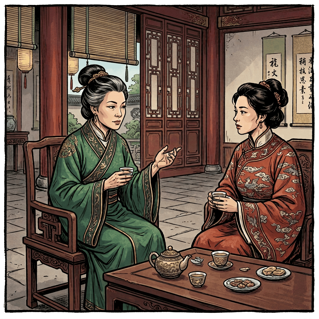 Two women discuss a proposal over tea in an Early Ming interior.