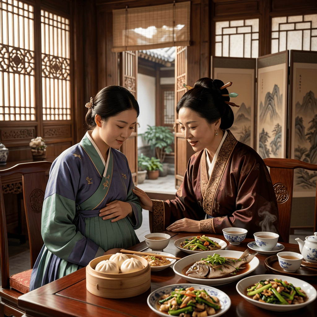 Pregnant daughter-in-law speaking with mother-in-law over food