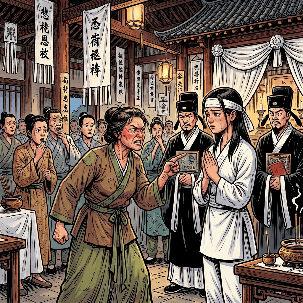 Distressed mother pointing at robed officials beside a crying child in a shrine