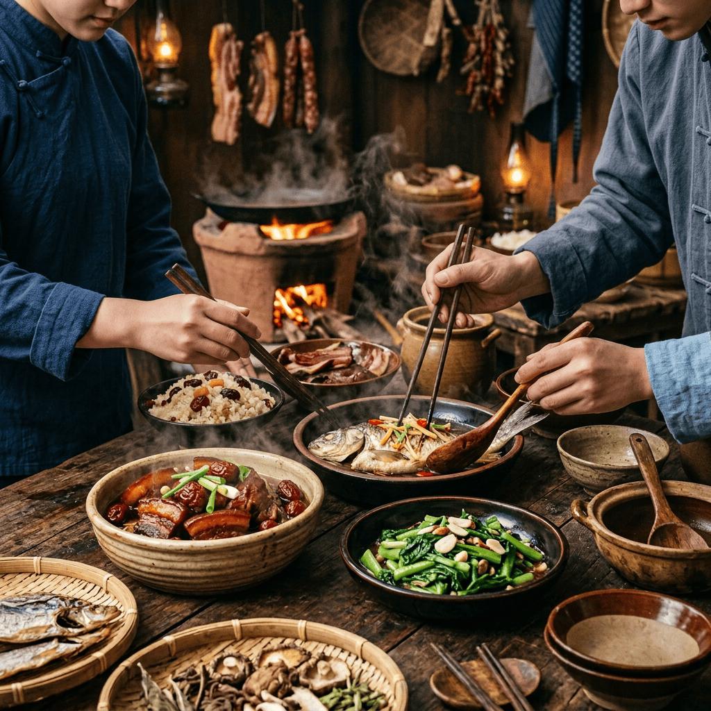 Two people serving a traditional meal beside a steaming wood stove