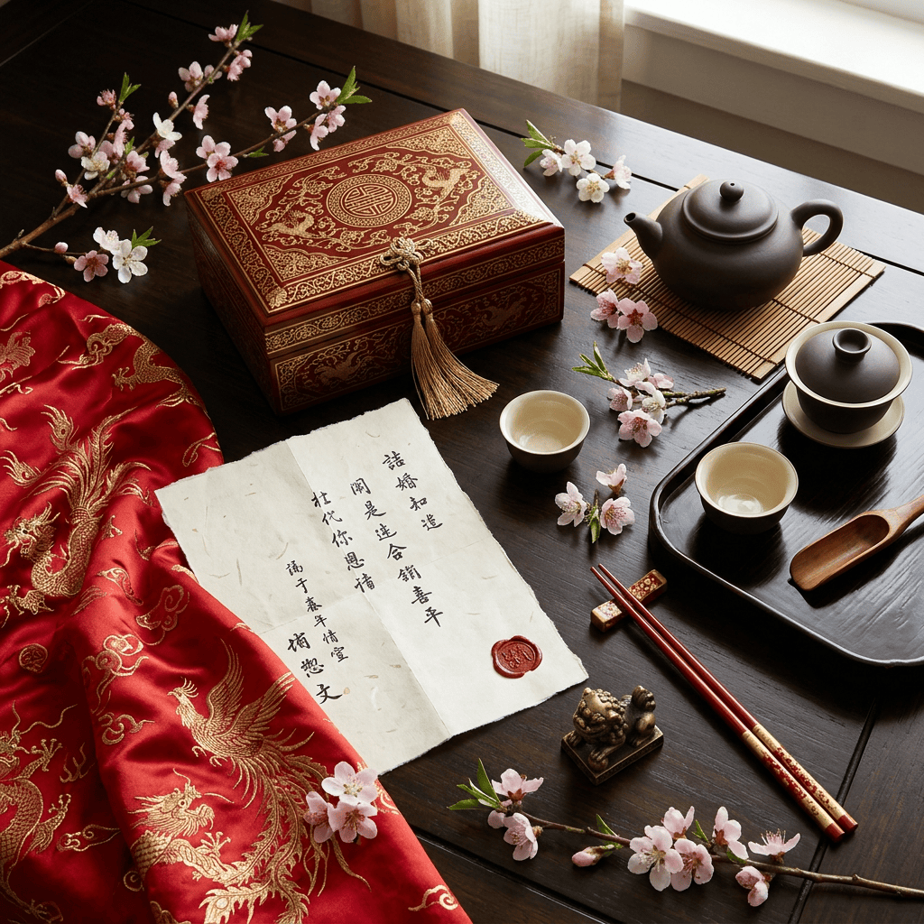 Chinese calligraphy letter, tea set, ornate box, blossoms, and red embroidered fabric