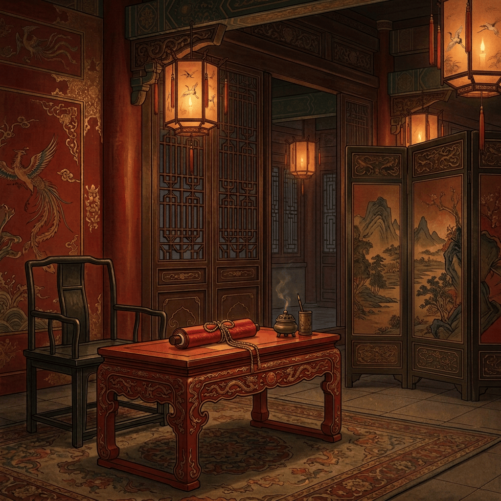 Traditionally dressed scholar beside an ornate table with a red scroll