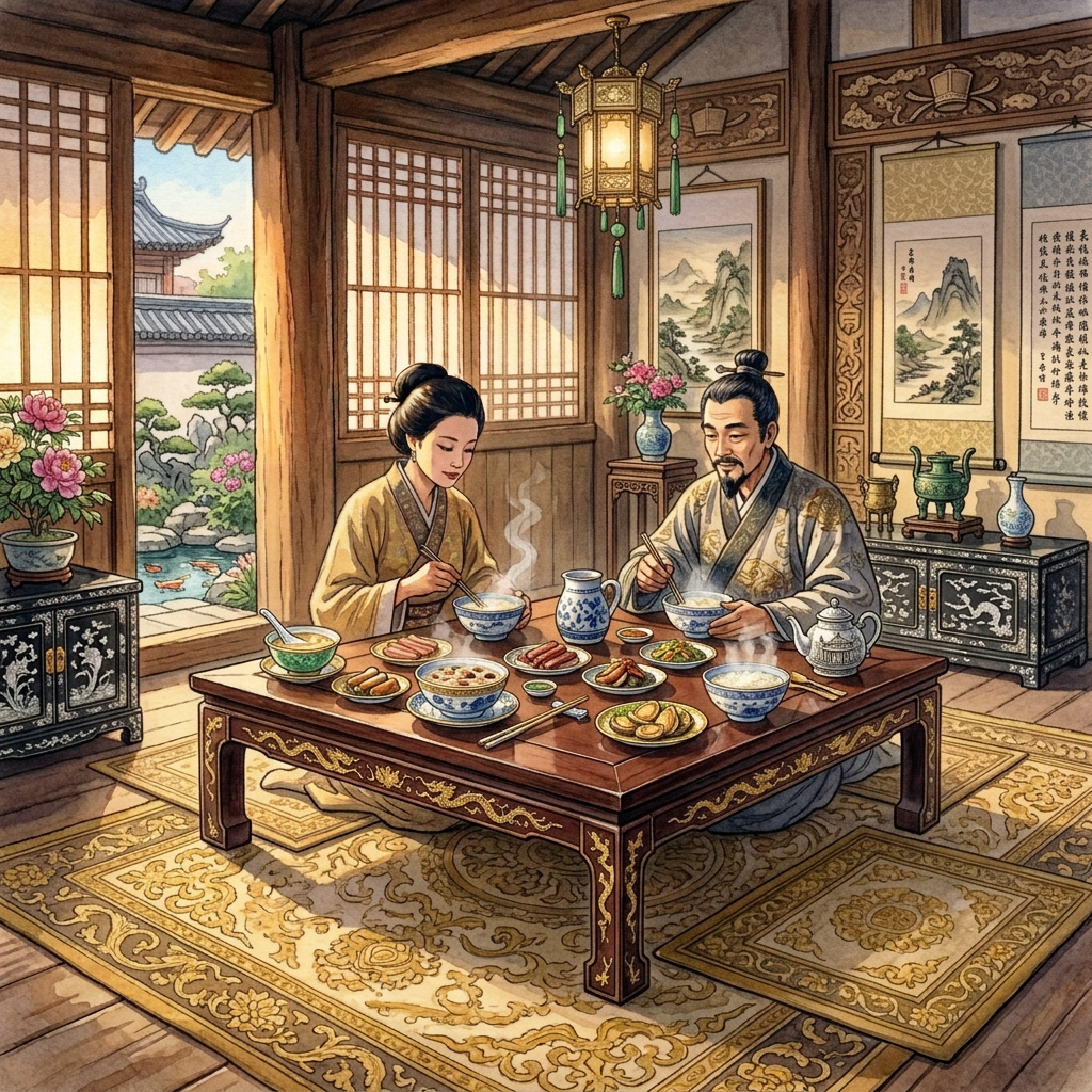 Four people sharing a steaming meal around a low table in a Japanese home