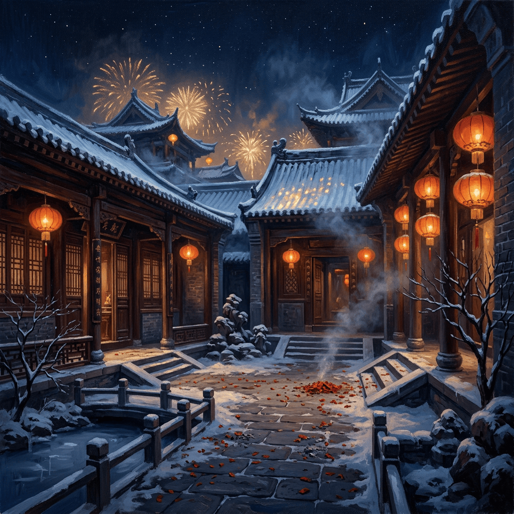 Snowy traditional temple courtyard with lanterns and Lunar New Year fireworks